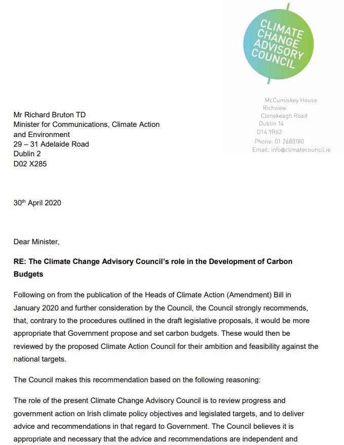Council’s Letter to Minister regarding role in the development of Carbon Budget